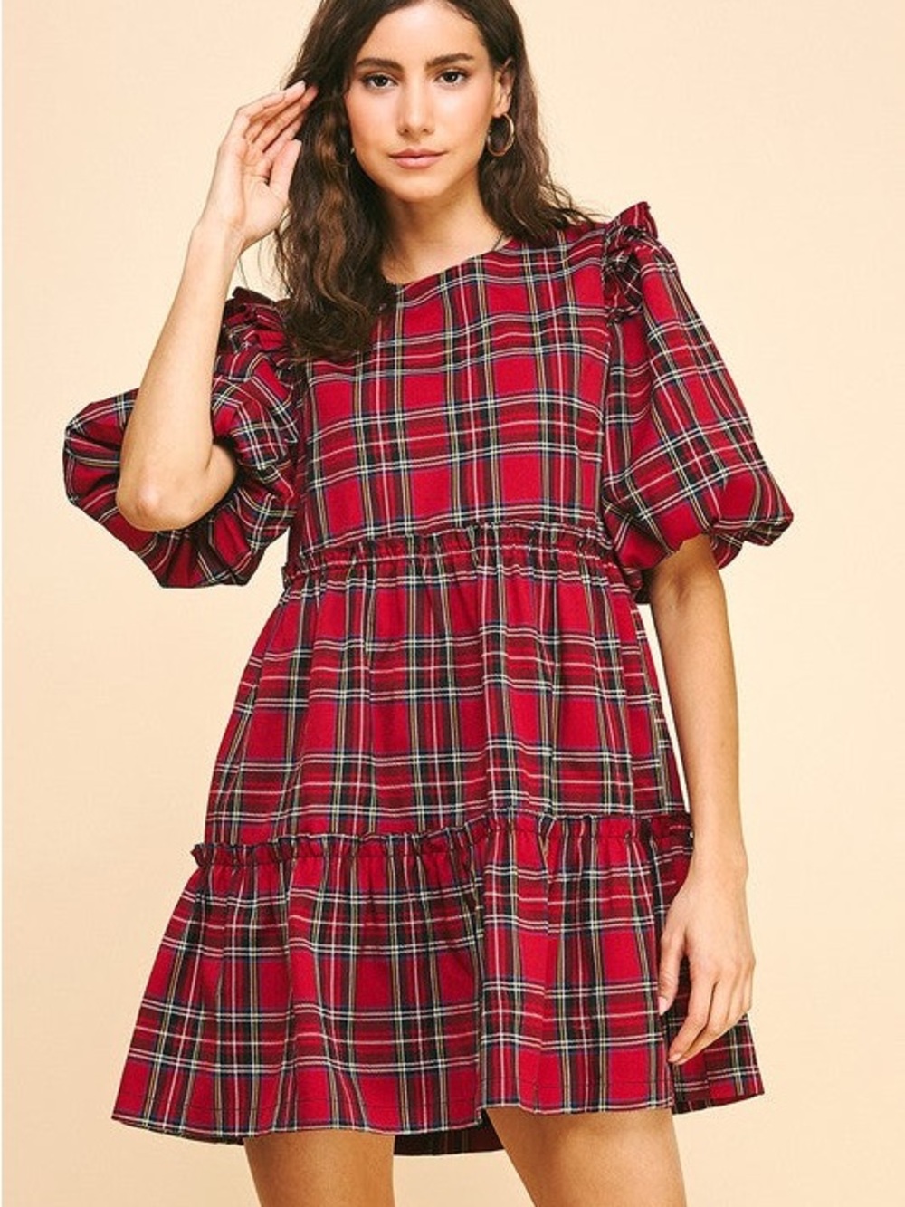 NWT Aura Plaid Puff Sleeve Tiered Mini Dress Cottage Fall Festive Holiday Vibes